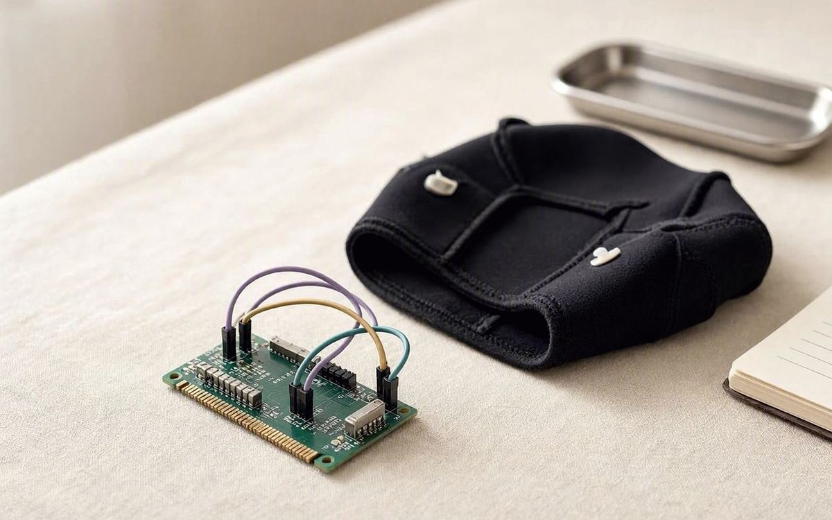 A small open-hardware EEG board with coloured jumper wires on a linen surface, beside a folded headband